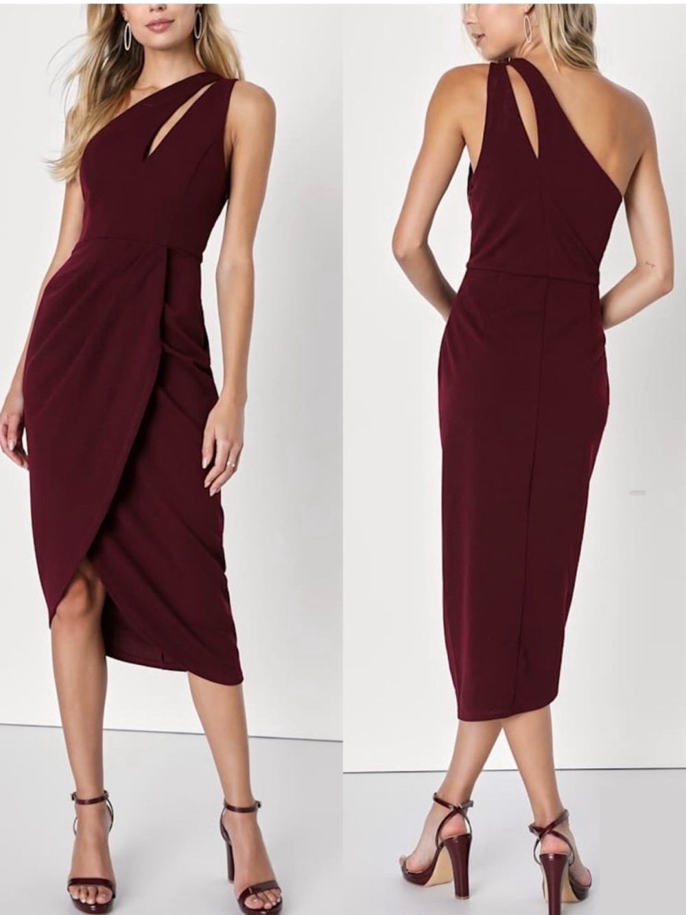 Lulu’s So Flirty One-Shoulder Cut Out Asymmetical Midi Dress in Burgundy